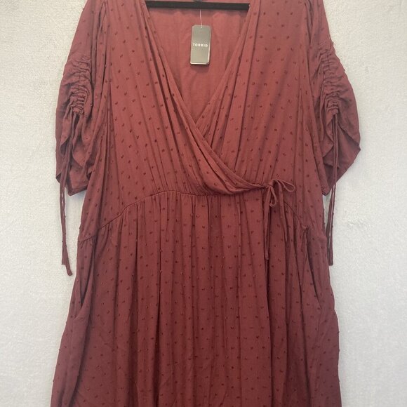 NWT Torrid Swiss Dot Midi Dress Womens 4X 26 Maroon Surplice Wrap Pocket Boho - Picture 6 of 15